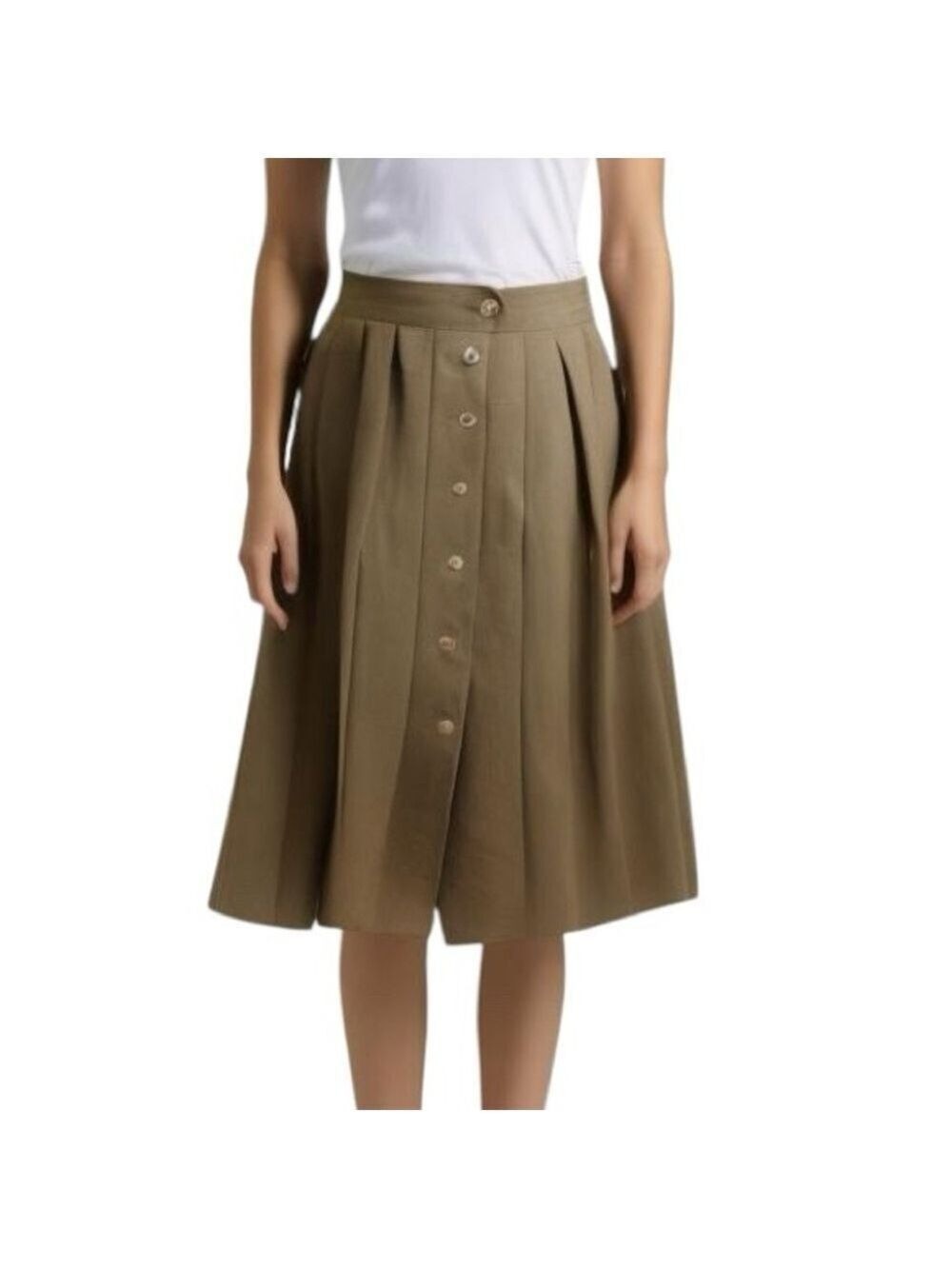 80s LIZ CLAIBORNE KHAKI FRONT BUTTON CLOSURE LINED PLEATED MIDI SKIRT SZ S - Picture 3 of 6